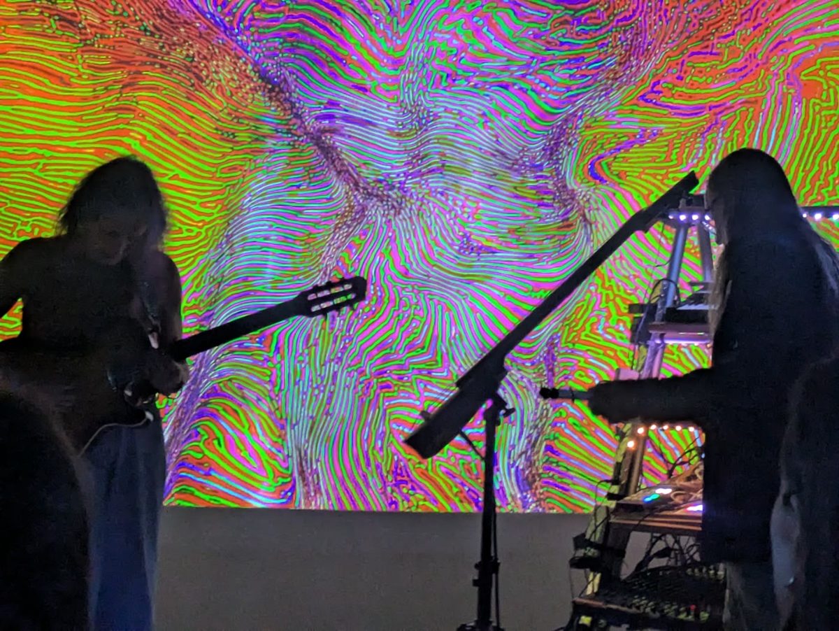 Jeff and Rejyna silhouetted against a swirling psychedelic projection while performing