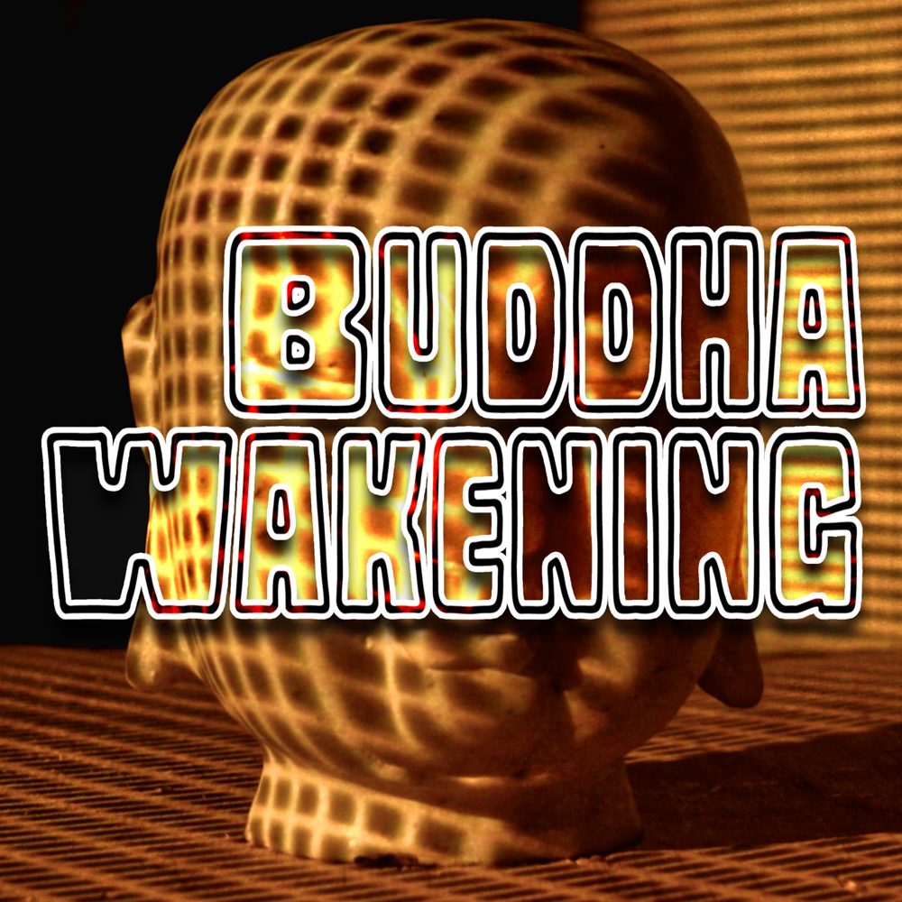 Buddha Wakening logo over a projected-light Buddha head
